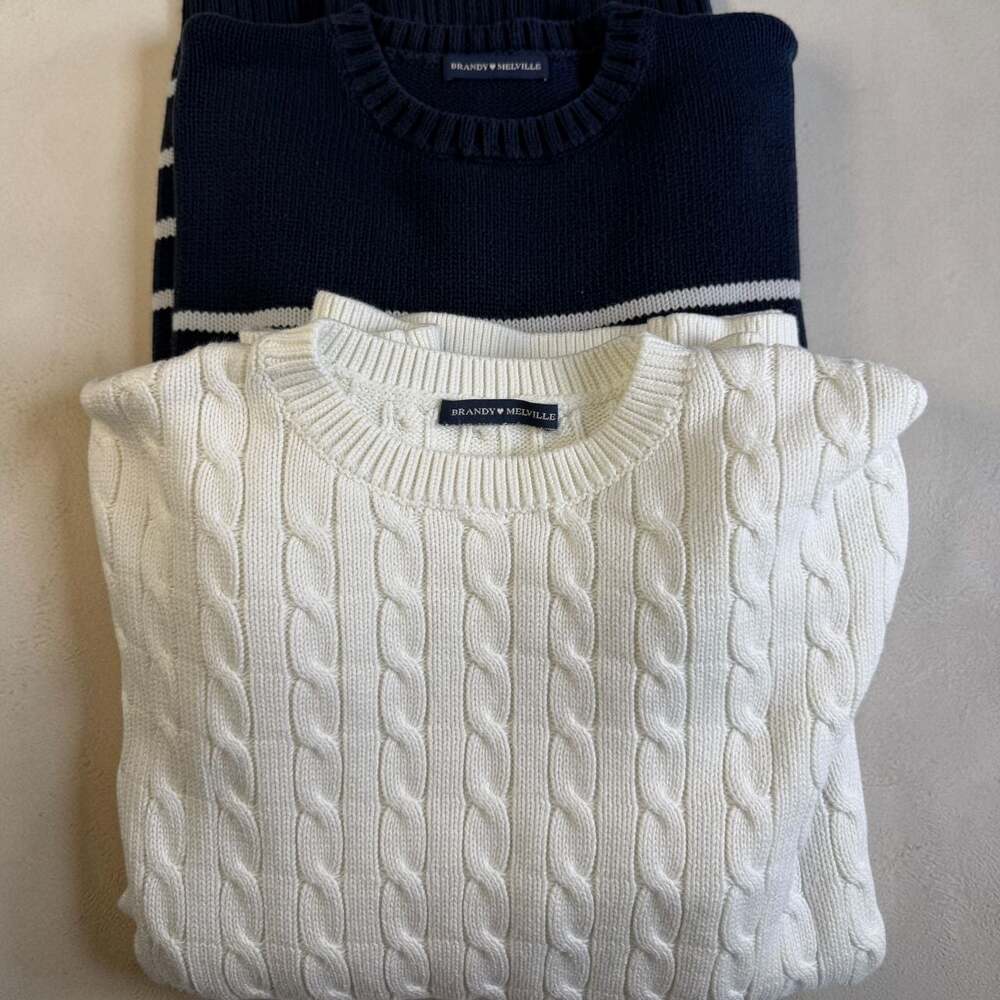 Set of Brandy Melville Sweaters Cable Knit Crewneck & Navy Stripe Crewneck